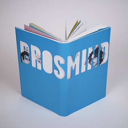 Kayla velocci's brosmind artist catalogue front cover in blue and white with cutout letters