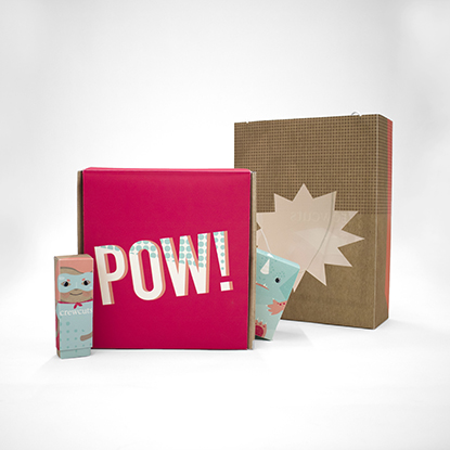 Kayla velocci's crewcuts packaging with cartoon faces and word POW!
