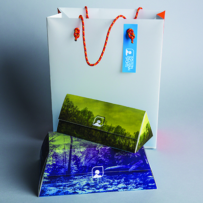 Karen Yee's Eastern Mountain Sports gift packaging with green, white, and purple hues with trees and a white bag