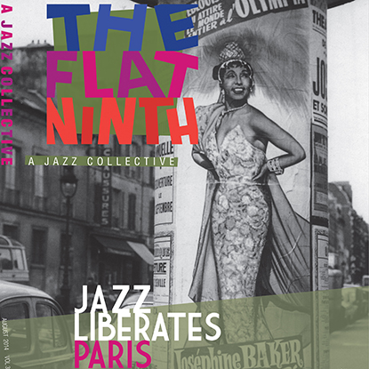 Theodor Swanson's The Flat Ninth jazz publication front cover with colorful type and a black and white photo