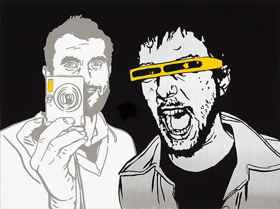 'Justin and Laser' by Nick Cassway, two people in black and white vinyl cut over plexiglass with pops of yellow.
