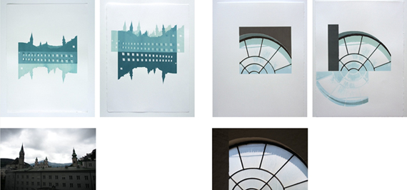 Travel prints of sky lines, buildings, and windows