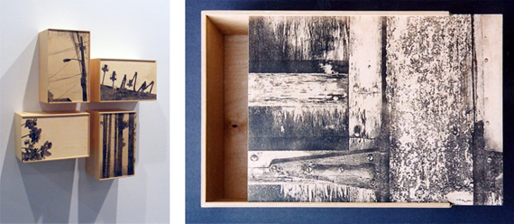 Storage boxes with photo transfers of trees and telephone polls