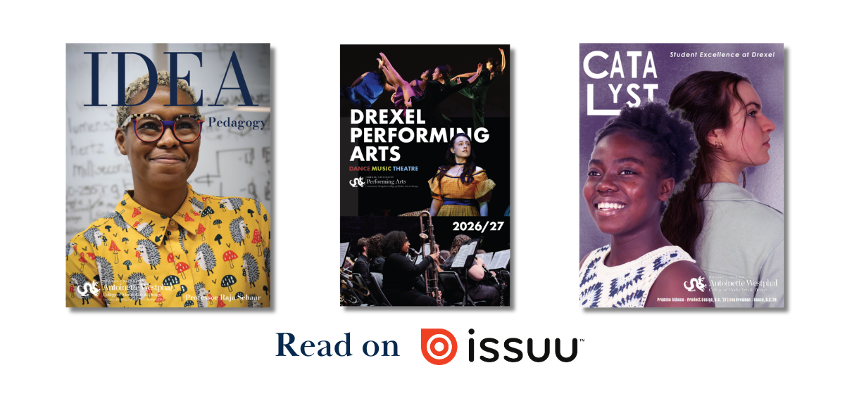3 publication covers featuring faculty and students at drexel's media arts and design college