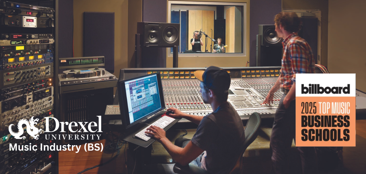 music industry students recording an artist in a music studio