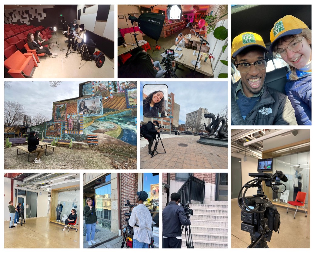 Collage of images of students working on a news broadcast for Drexel News