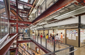 Drexel's URBN Center interior with students learning on multiple floors