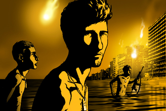 Animated yellow and black war movie scene with soldiers in water