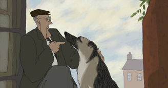 Screen from animated film of a man talking to his dog