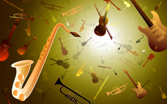 Illustration of musical instruements on green background