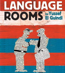 Blue and Red Language Rooms poster with two cut-outs of men shaking hands convered in newspaper