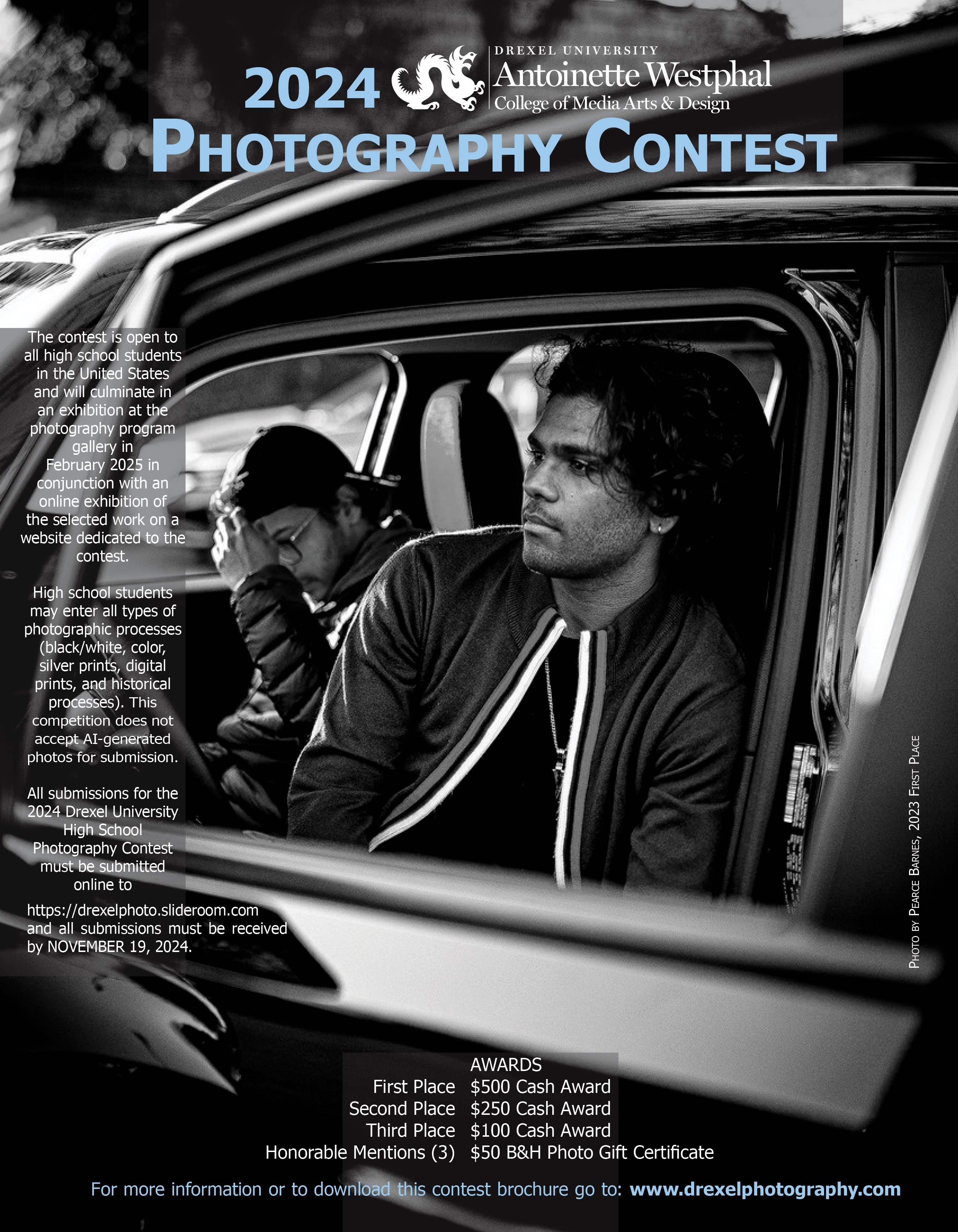 The contest is open to all high school students in the United States and will culminate in an exhibition at the photography program gallery in February 2025 in conjunction with an online exhibition of the selected work on a website dedicated to the contest. High school students may enter all types of photographic processes (black/white, color, silver prints, digital prints, and historical processes). This competition does not accept AI-generated photos for submission.