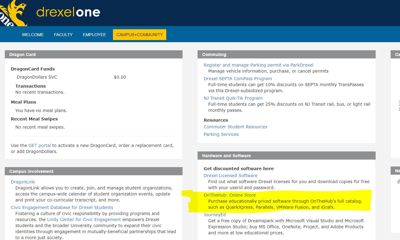Access the OnTheHub web store through Drexel One. It is in the Hardware and Software section under Campus + Community