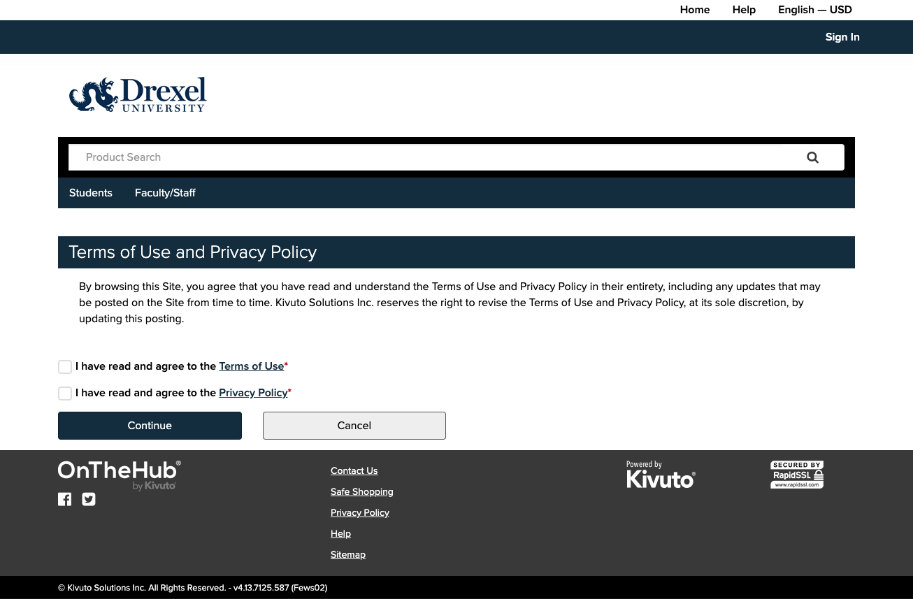 Screenshot of the Drexel Connect sign-in page