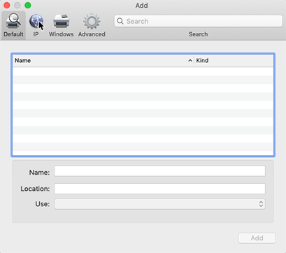 Screenshot of Add printer in System Preferences on a Mac.
