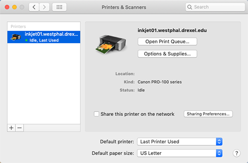 Screenshot of Printers & Scanners in System Preferences on a Mac.