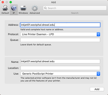 Screenshot of Add printer in System Preferences on a Mac.