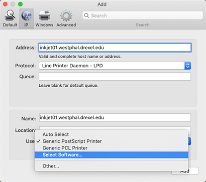 Screenshot of Add printer in System Preferences on a Mac.