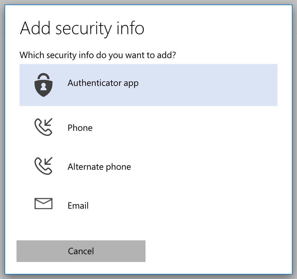 Add security info, with Authenticator app selected