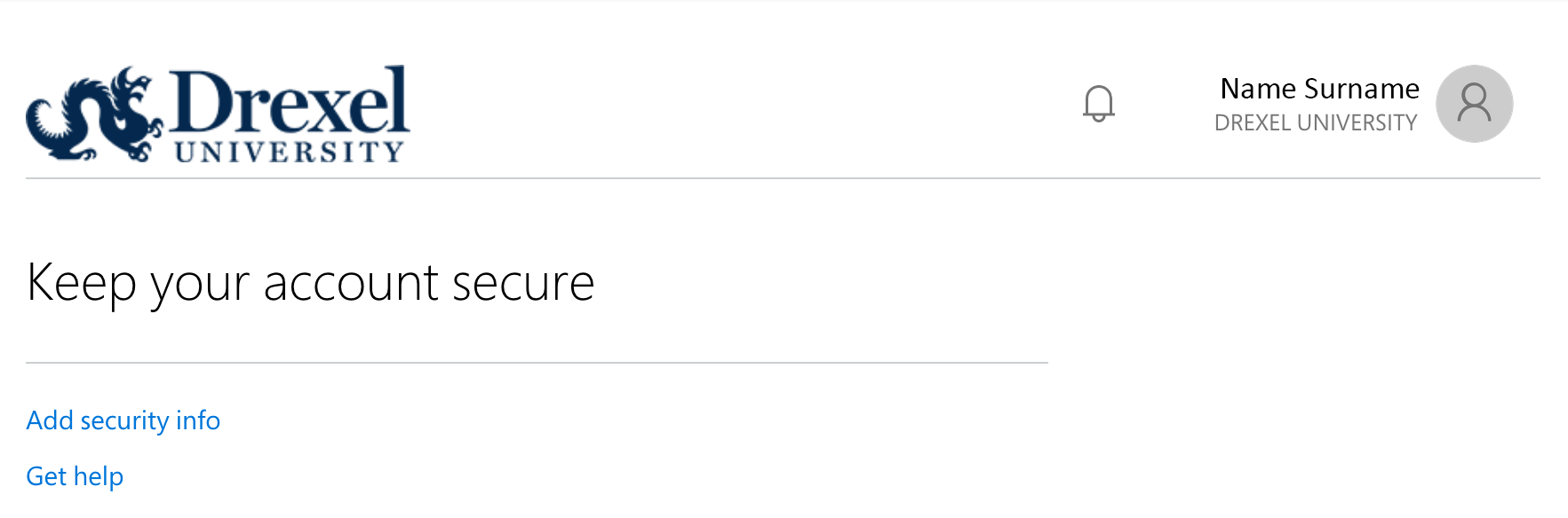 Keep your account secure page, showing no authentication methods configured