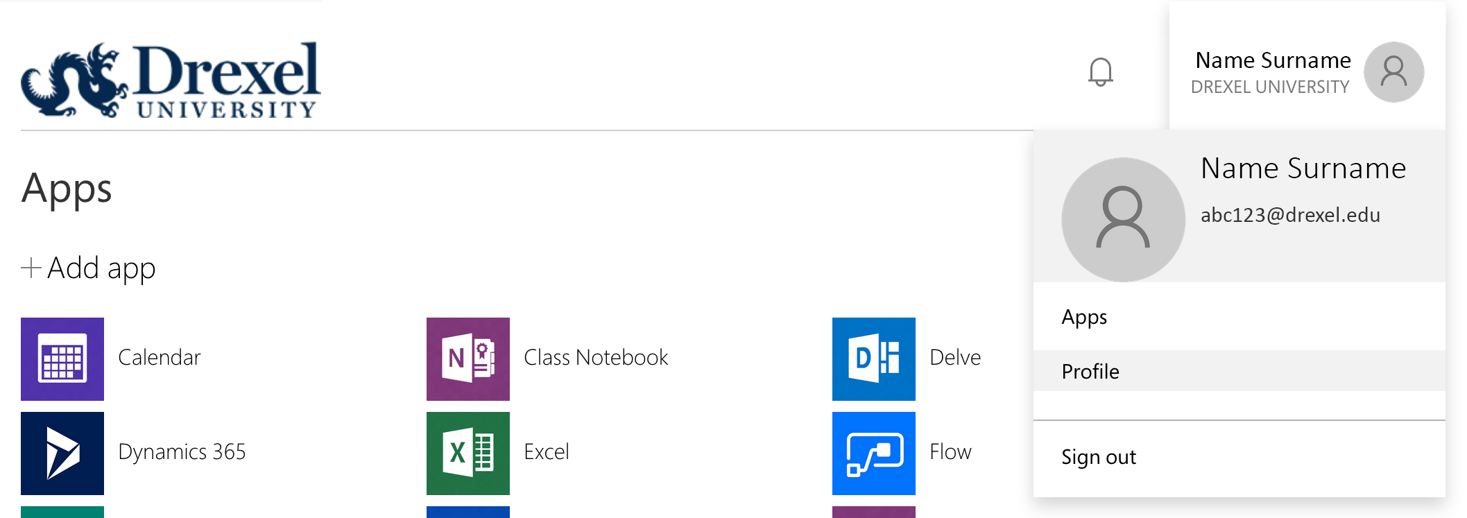 My apps portal, showing available apps