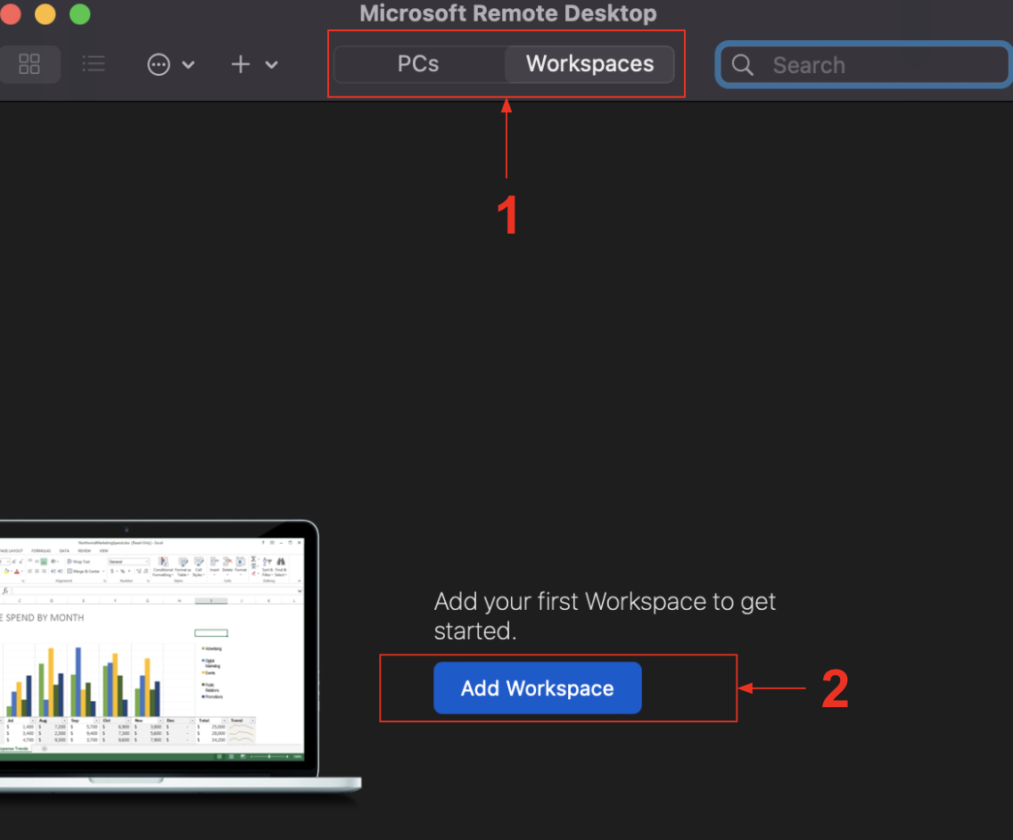 Step 1: If prompted to choose between PCs and Workspaces, choose Workspaces at the top of the app. Then, click Add Workspaces.