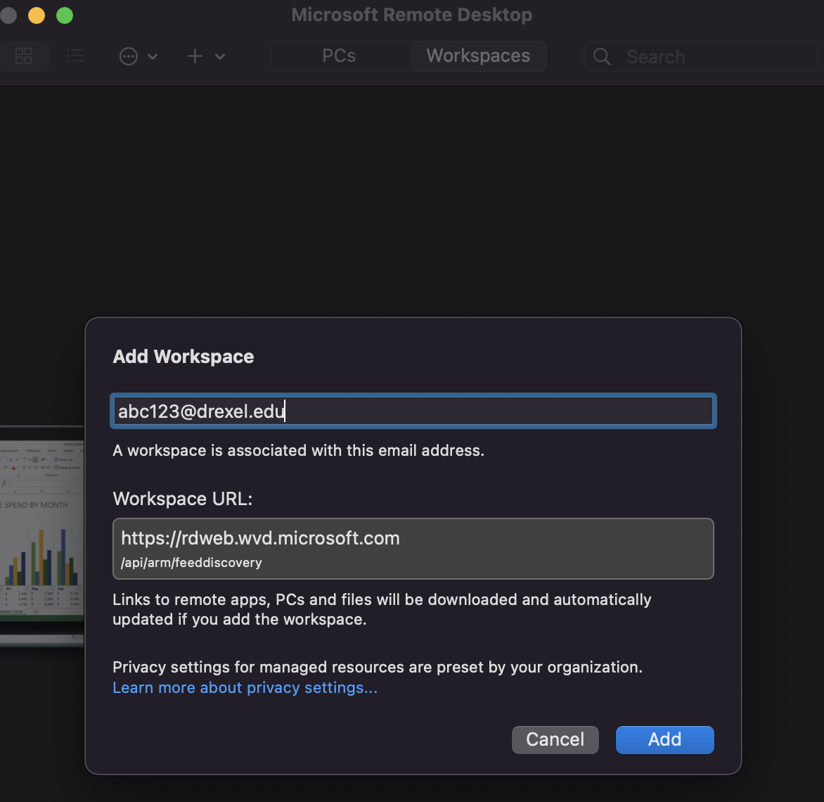 The Add Workspace menu that pops up should automatically find the Remote Desktop Workspace URL when you enter your Drexel email address.
