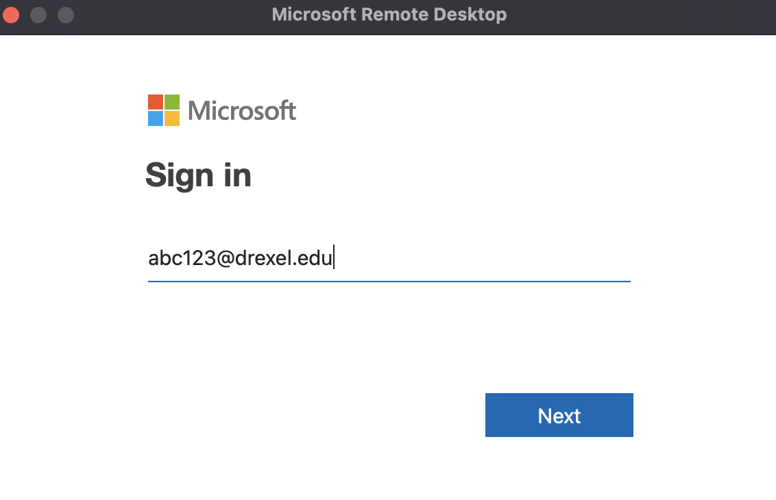 A Microsoft Sign In page will pop up when you subscribe to the workspace associated with your Drexel account. Use your Drexel email to sign in.