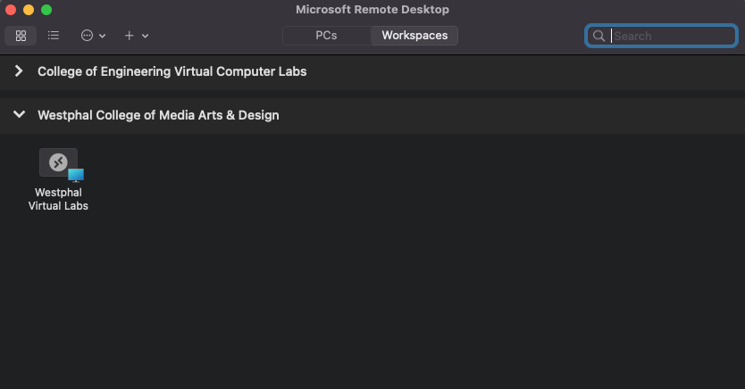 After signing in, Westphal Virtual Labs is now an available workspace in the Remote Desktop app.